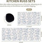 Flower Rugs for Kitchen Floor, 2PCS Anti Fatigue Mats for Kitchen Floor Rubber Non Slip, Washable Cushioned Carpet Rug for Sink Laundry Gifts for Christmas 15.7"×27.5" +15.7"×47" 3.5mm BlueFloral