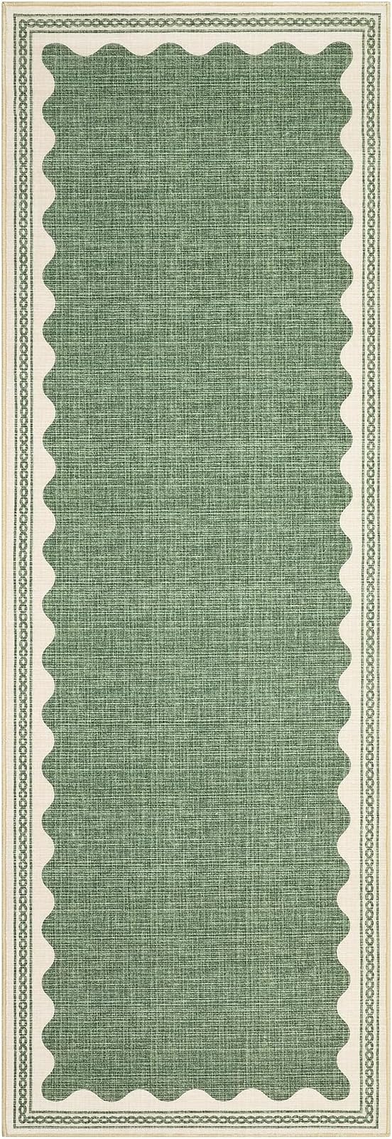 Scalloped Sage Green 2.5x8 Runner Rug for Hallway Washable Kitchen Rugs Non Slip Solid Tan Jute Modern Minimalism Soft Low-Pile Scalloped Indoor Carpet for Entryway Laundry Room Floor Mats