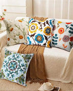 Embroidered Throw Pillow Cover - 18x18 Decorative Pillow Cover with Zipper Aesthetic Cute Design Boho Spring Summer Cozy Throw Pillowcase for Living Room Couch Sofa Bed, Classical Flowers