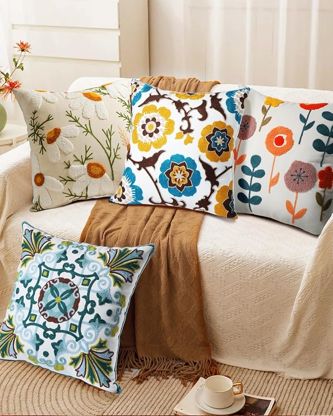 Embroidered Throw Pillow Cover - 18x18 Decorative Pillow Cover with Zipper Aesthetic Cute Design Boho Spring Summer Cozy Throw Pillowcase for Living Room Couch Sofa Bed, Classical Flowers