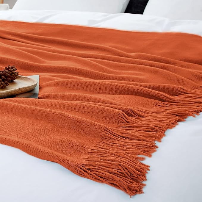 Vonty Rust Orange Knitted Blanket with Tassels Fringe 60" x 80", Super Soft Knit Throw Blanket, Farmhouse Decorative Lightweight Blanket for Couch, Sofa, Bed