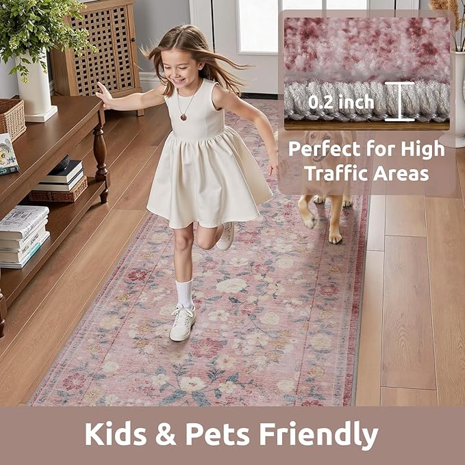 AMOAMI Vintage Floral Runners for Hallways Indoor, 2'6''x8' Kitchen Runner Rug Non Slip Machine Washable Entryway Rug Runner Ultra Soft Boho Carpet for Hallway Kitchen Bedside Entryway, Pink