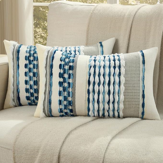 FUTEI Blue Accent Throw Pillow Covers Set of 2, 12x20 Inch Plush Tufted Striped Textured Decorative Pillow Cases for Farmhouse Boho Couch Decor