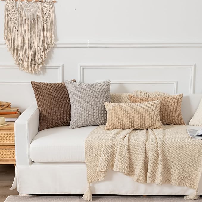 Kevin Textile 16x24 Inch Pillow Cover 1 Pack Boho Decorative Soft Striped Corduroy Lumbar Farmhouse Solid Color Accent Rectangle Cushion Case for Living Room Couch Sofa Bed, Tan