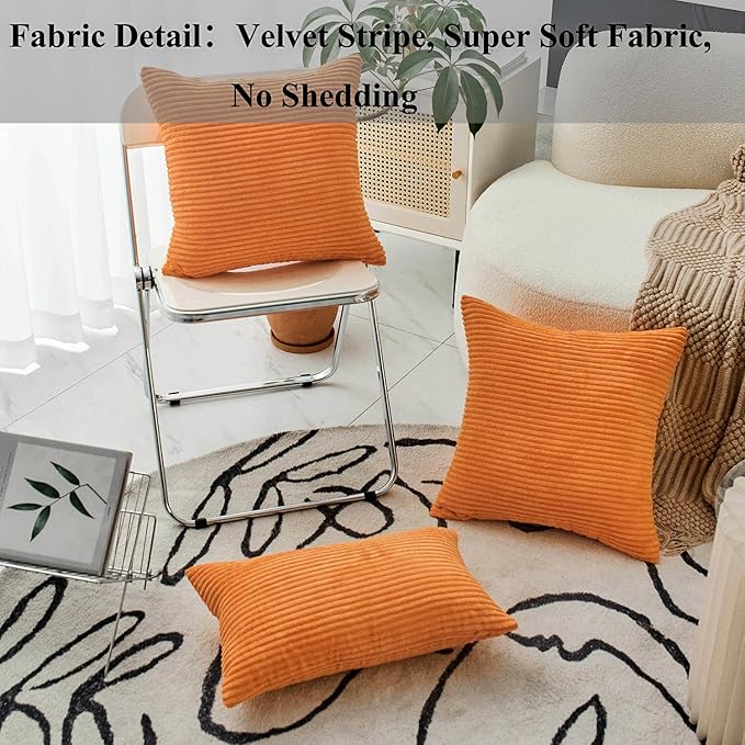 Home Brilliant Decorative Accent Burnt Orange Fall Pillow Covers Thanksgiving Decoration Set of 2 Striped Corduroy Plush Velvet Cushion Cover for Couch Rust, 40cm, 16 x 16 Inch, Orange