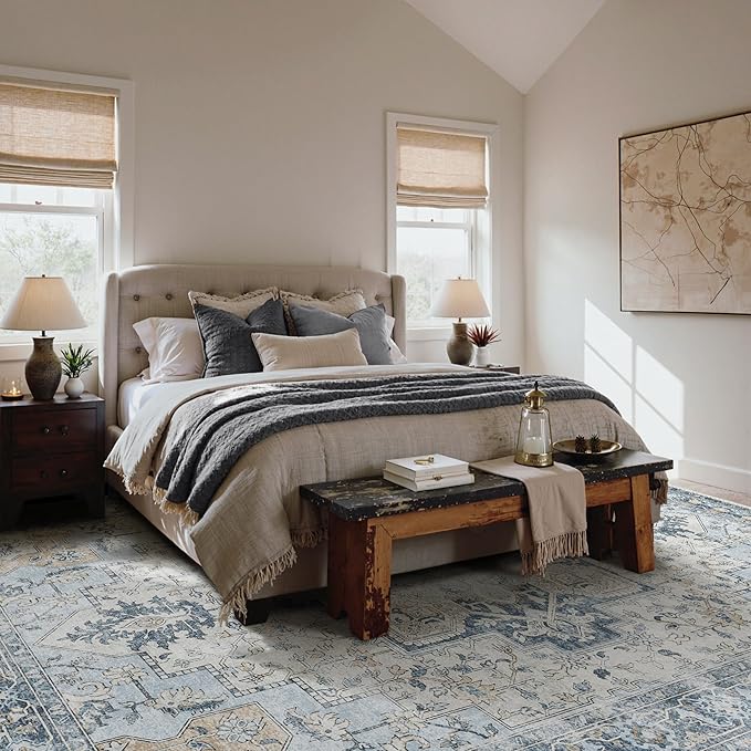 GENIMO 10x14 Area Rugs for Living Room, Machine Washable Rug, Non Slip Vintage Rugs, Low Pile Lightweight Chenille Print Rug for Bedroom, Dining Room, Home Office, Blue