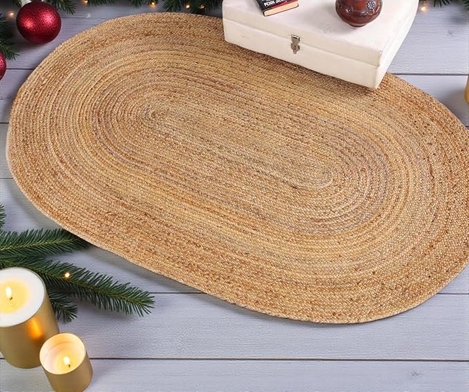 MDS 1 PCS Handwoven Braided Jute Area Rug 2x3 FEET Oval Shape - 100% Natural Burlap Reversible Accent Rugs for Home Decor, Living Room, Doormat, Kitchen, Entryway Rug, Rustic, Farmhouse (2'x3')