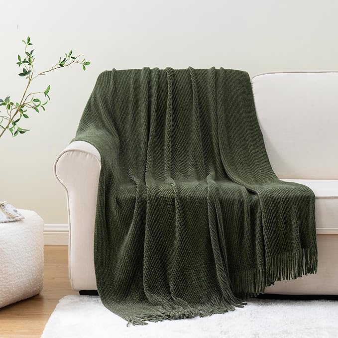 BATTILO HOME Olive Green Throw Blanket for Couch, Soft Chenille Knit Throws with Tassels for Home Decor, Green Throws for Couch Cover, 50"x60"