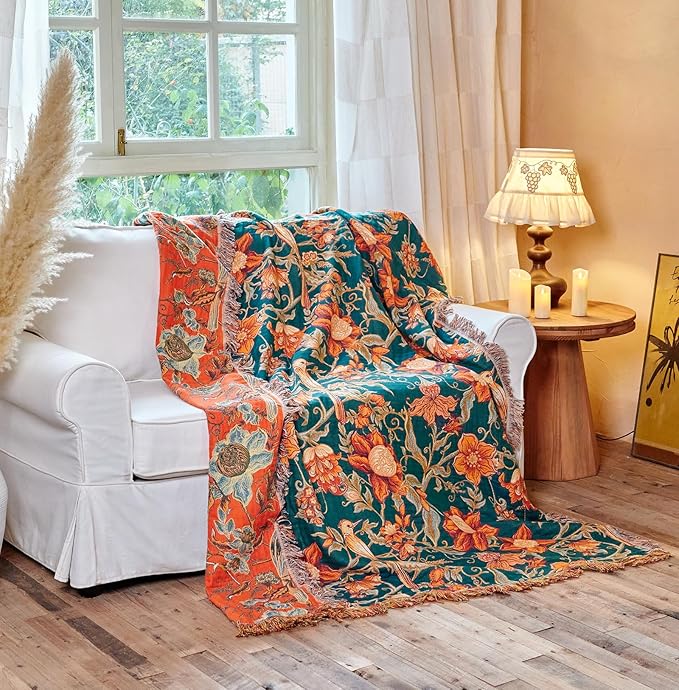Boho Throw Blanket - 100% Cotton Ultra Soft Muslin Blanket, 50"x60" Lightweight Floral Bird Framhouse Bedding Spring Blanket for Bed, All Season Blue Bohemian Bedroom Home Decor Quilt