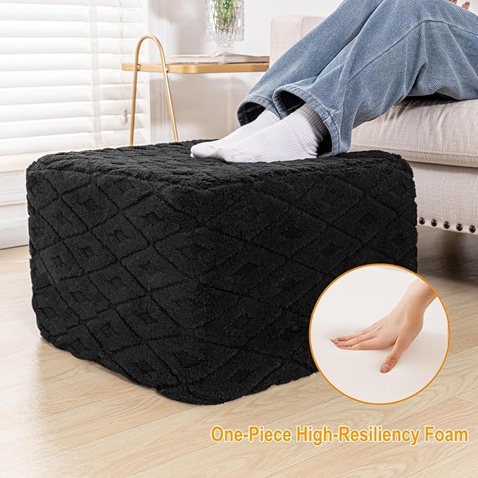 Fluffy Square Ottoman Pouf with All-in-One Foam Filling 20 x 14 Inches Furry Ottoman Foot Rest Foot Stool for Living Room or Bedroom (Black)