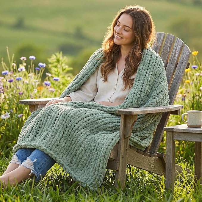 Amélie Home Chunky Knit Throw Blanket for Couch, Soft Chenille Crochet Blanket, 60"x80", Sage Green