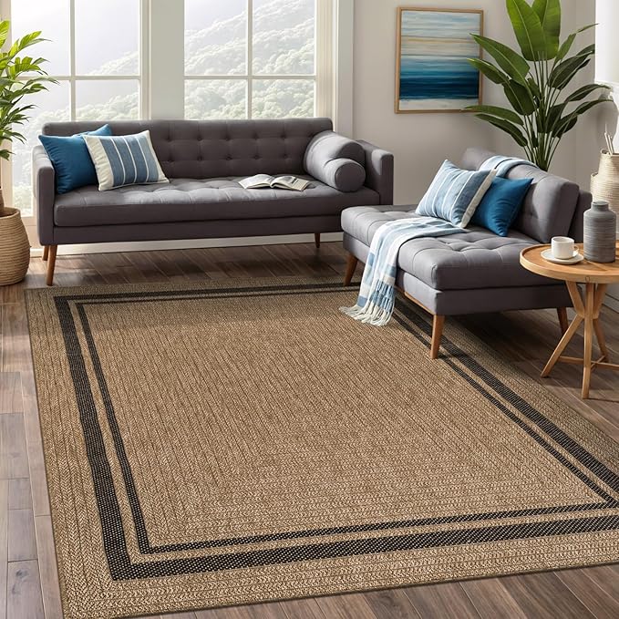 Beverly Rug Easy Jute Bordered Rug 4x6 Washable Durable Indoor Outdoor Area Rugs for Living Dining Room Patio Office Stain Resistant Non Shedding Casual Indoor Outside Carpet 4 x 6 Natural