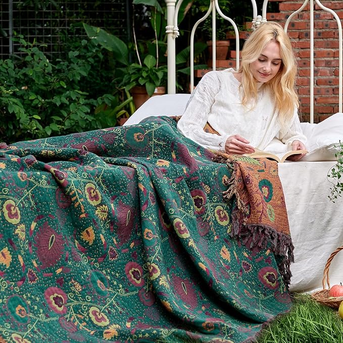 Boho Throw Blanket for Bed 100% Cotton Soft Quilt Home Livingroom Decor Spring Bed Blankets,Floral Reversible All Season Breathable Throw for Sofa Couch Chair 80"x90"