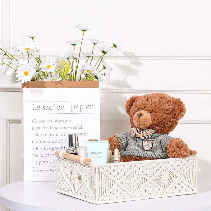 ANMINY 3PCS Macrame Storage Baskets for Organizing Boho Decor Baskets Storage Bins with Wood Handles Handmade Decorative Storage Boxes with Removable Liner Toilet Tank Bathroom Self Basket Organizer