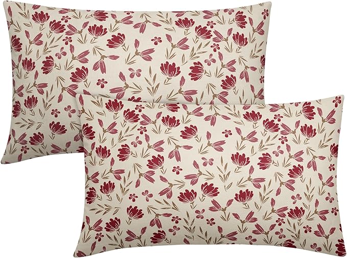 Brown Red Floral Pillow Covers 12x20 Set of 2 Vintage Rustic Old Style Cute Small Flower Print Rectangle Decorative Outdoor Pillowcases Farmhouse Throw Cushion Case Decor for Couch Sofa Bed