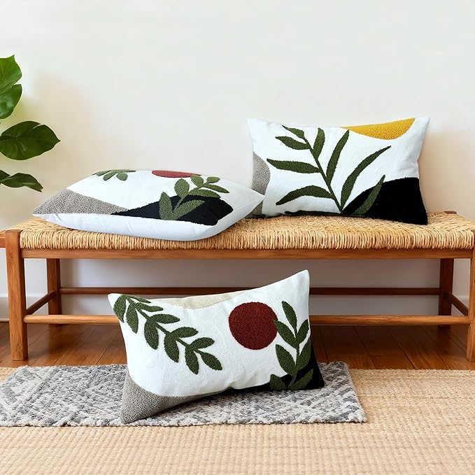 Boho Embroidered Throw Pillow Covers 12x20, Lumbar Decorative Pillow Covers Tufted Abstract Modern Leaf Sun Textured Couch Cushion Cases for Sofa Bed Living Room Decor (1PC, Black Red)