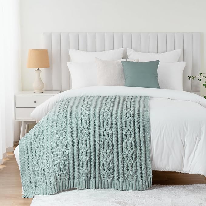 Battilo Sage Green Throw Blanket for Couch, 51"x67", Soft Cozy Chenille Throw Blanket, Knit Blanket Sage Throw, Decorative Boho Throw Blanket for Living Room
