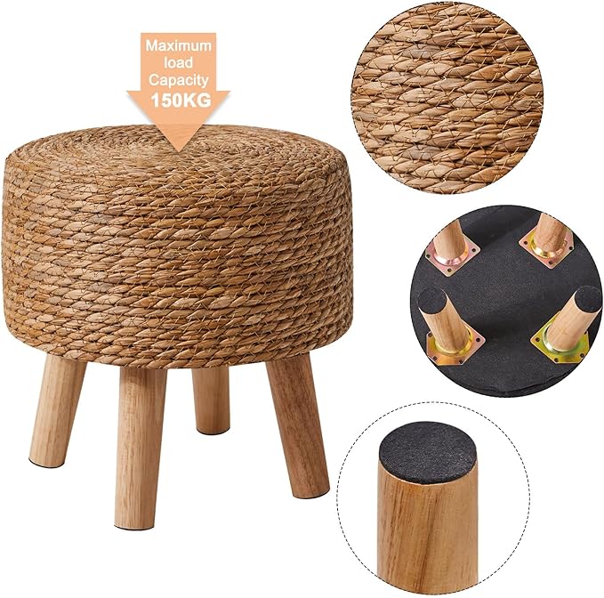 YMYNY Foot Stool Natural Seagrass Hand Weave, 12.6" Small Ottoman, Round Footrest for Living Room, Bedroom, Entryway, Change Shoes Stool, Non-Skid Wood Legs, Boho, Natural, UHBD027N