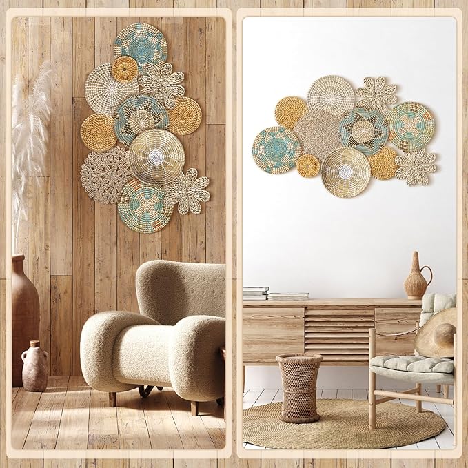 11 Pcs Boho Hanging Wall Basket Decor Handmade Woven Basket Wall Decorative Boho Wicker Baskets Placemats Round Farmhouse Bulrush Art for Rustic Home Decorations Christmas Gift(Bright)