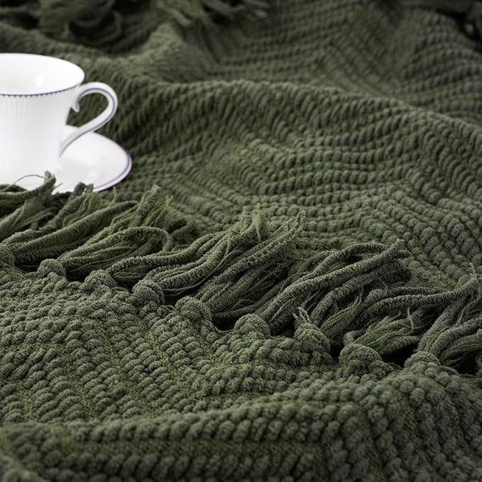 BATTILO HOME Olive Green Chenille Throw Blanket for Bed, Knit Throw Blanket,Super Soft Warm Home Decor Throw Blanket with Tassels for Couch,Sofa and Living Room,50" x 60"