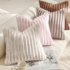 decorUhome Cozy Faux Fur Throw Pillow Covers 24x24 Set of 2 Decorative Soft Plush Striped Modern Farmhouse Boho Couch Euro Sham Pillow Cases with Velvet Back for Sofa Bed Living Room, Brown