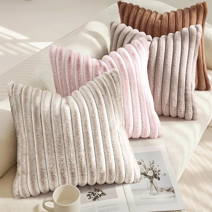 decorUhome Summer Cozy Faux Fur Throw Pillow Covers 18x18 Set of 2 Decorative Soft Plush Striped Modern Farmhouse Boho Couch Pillow Cases with Velvet Back for Sofa Bed Living Room, Pink White