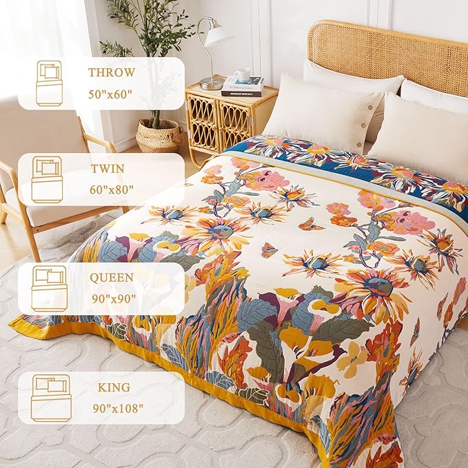 Boho Throw Blanket for Bed Couch- 100% Organic Cotton Muslin 50x60 Inch Fall Blanket Cozy Reversible Breathable Quilt Throw All-Season for Sofa & Bedroom Washable Floral Decor Blankets