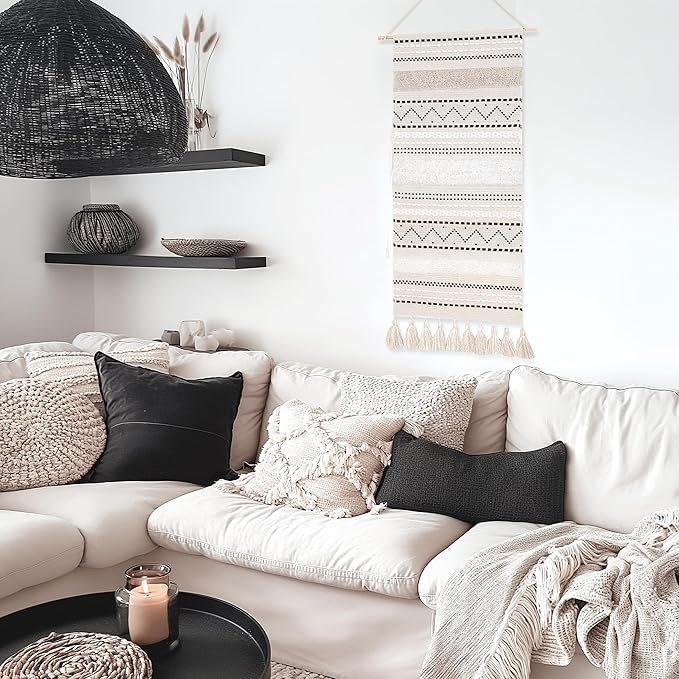 BlissBlush Long Vertical Wall Hanging Tapestry Woven Boho Farmhouse Decor Black Beige Cream Tassel Handmade Wall Art Decoration for Bedroom Living Room Dorm Nursery Apartment, 16x39 INCH