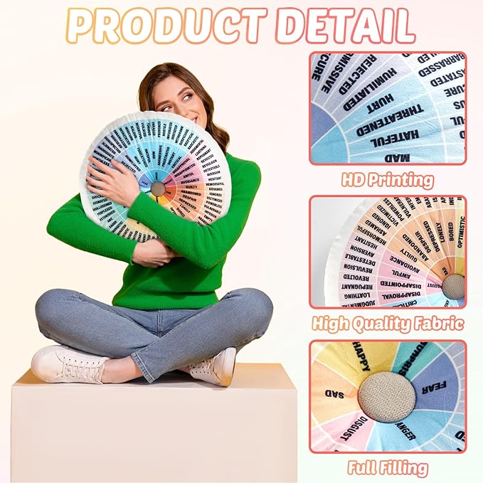 party greeting Wheel of Emotions Feelings Pillow Round Velvet Feelings Wheel Emotion Throw Pillow Circle Seating Floor Cushion for Office Home Room Sofa Decor Counselor Physical Therapist Gifts(Pastel