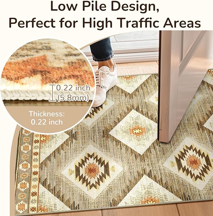 Area Rug 4x4 Rug Machine Washable Non-Slip Low Pile Print Pattern Western Rug for Living Room Bedroom Entryway Tribal Series -Cream/Camel
