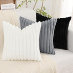 decorUhome Cozy Faux Fur Throw Pillow Covers 26x26 Set of 2 Decorative Soft Plush Striped Modern Farmhouse Boho Couch Euro Sham Pillow Cases with Velvet Back for Sofa Bed Living Room, Black