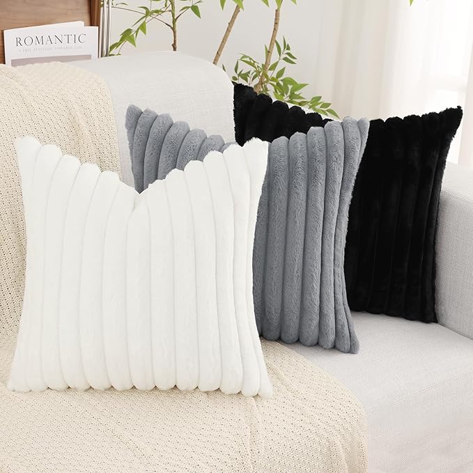 decorUhome Cozy Faux Fur Throw Pillow Covers 26x26 Set of 2 Decorative Soft Plush Striped Modern Farmhouse Boho Couch Euro Sham Pillow Cases with Velvet Back for Sofa Bed Living Room, Black