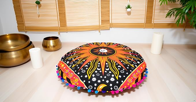 CRAFT KALA Large Round Bohemian Floor Pillow Pouf Cover Mandala Meditation Room Pillow Cover for Adults Boho Seating Poufs Cushion Cover for Kids Playroom 32" Round Orange Burning Sun