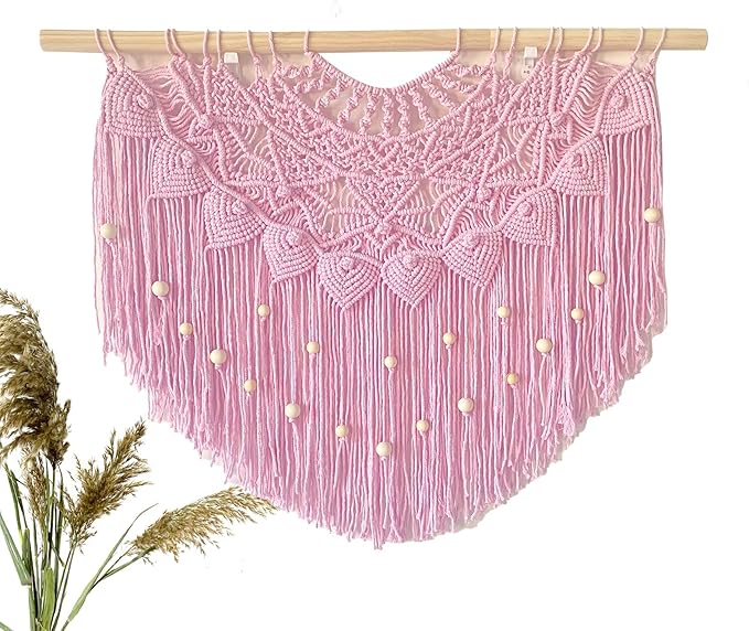 Youngeast Large Macrame Wall Hanging Boho Beaded Curtain for Window Macrame Bedroom Headboard Living Room Wall Art Tassel Tapestry Bohemian Woven Wall Decor 31" W X 25" H (Pink)