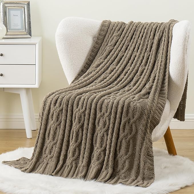 Battilo Camel Tan Throw Blanket for Couch,51"x67", Cable Chenille Knitted Throw Blankets for Bed, Sofa, Chair,Living Room, Soft Cozy Thick Warm Decorative Textured Blanket.