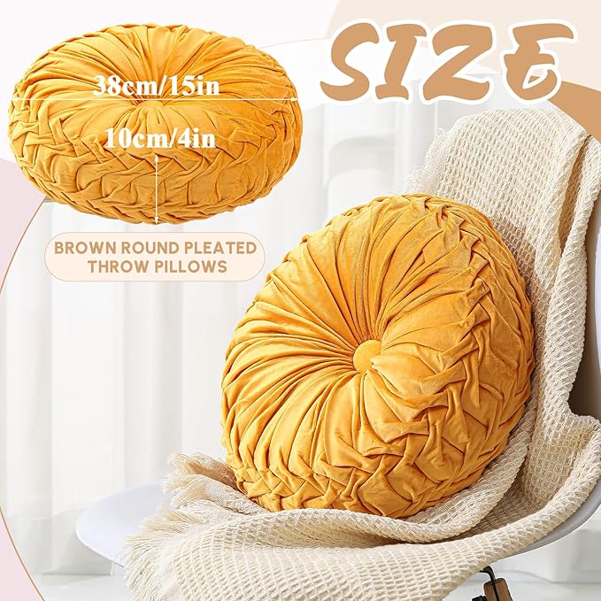 Round Throw Pillows Decorative Pleated Throw Pillows 15'' Diameter Accent Pumpkin Boho Chair Cushion for Couch Sofa Home Decoration(Yellow,1 Pcs)