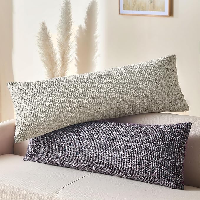 Decorative Lumbar Pillow Cover 14x36 Cream Gray Striped Wool Long Body Pillow Neutral Textured Boho Lumbar Throw Pillow Cushion Covers for Modern Farmhouse Sofa Bed Living Room Decor SY011-B14