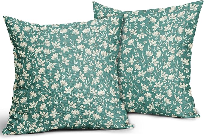 Aqua Pillow Covers 16x16 Set of 2 Vintage Floral Rustic Old Style Cute Flower Print Decorative Outdoor Pillowcases Seasonal Farmhouse Throw Cushion Case Decor for Couch Sofa Bed