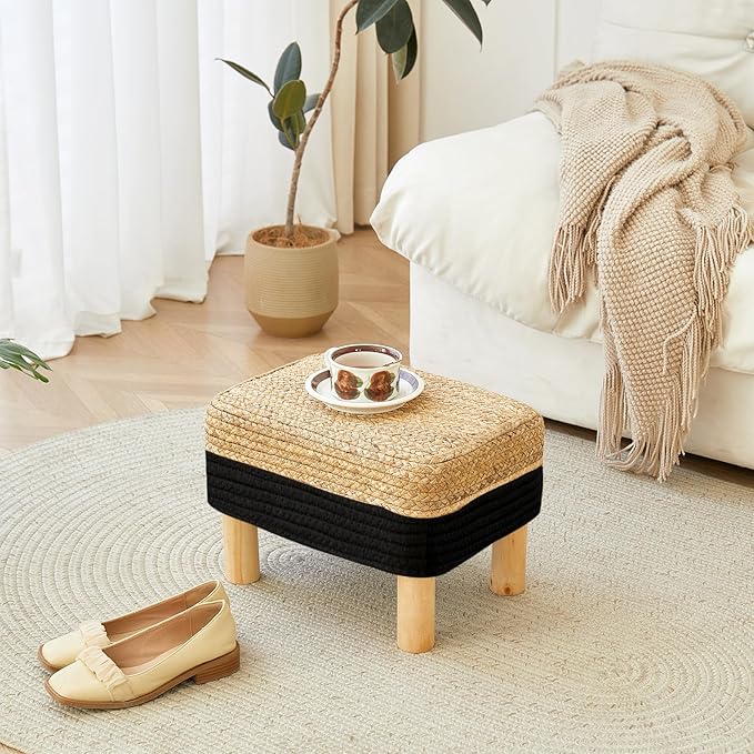 Ottoman Foot Stool Rectangular Footrest Natural Seagrass Footstool with Wooden Legs Hand Weave Multifunctional Modern Dressing Stool, Sofa Side Table for Bedroom for Living Room (Black)