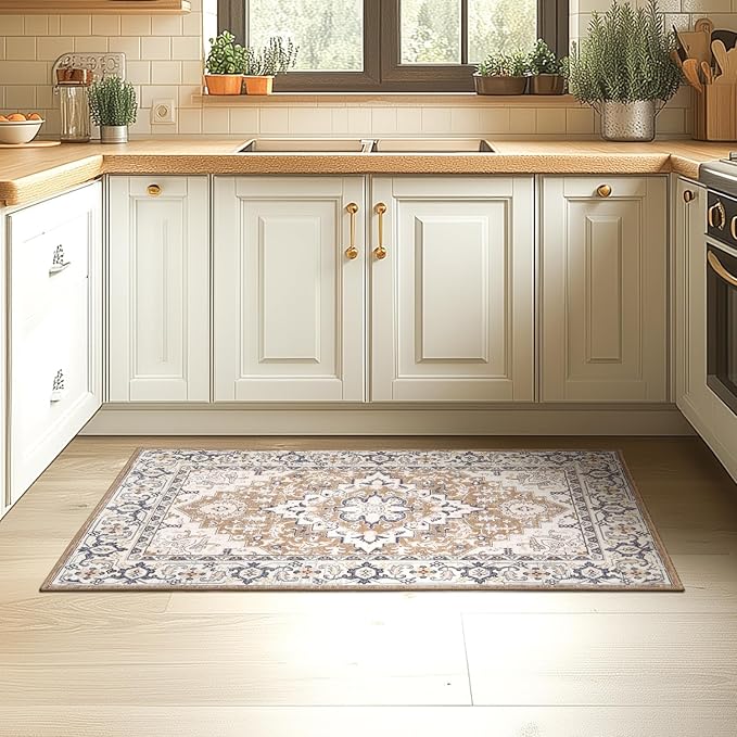 Lessymo 2 x 3 Entryway Rug- Machine Washable Area Rugs Boho Faux Wool Low Pile Area Rug for Bedroom, Floral Medallion Vintage Outdoor Rugs with Non-Slip Rubber,Brown Beige
