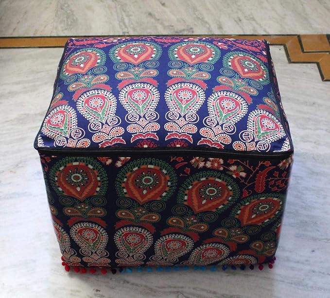 CRAFT KALA Large Hippie Mandala Meditation Floor Ottoman Pillow Cushion Pouf Cover Square Poufs Cover Bohemian Floor Cushion Case Outdoor Fireplace Living Room Decor 22X22X14 inches, Multi Mirchi