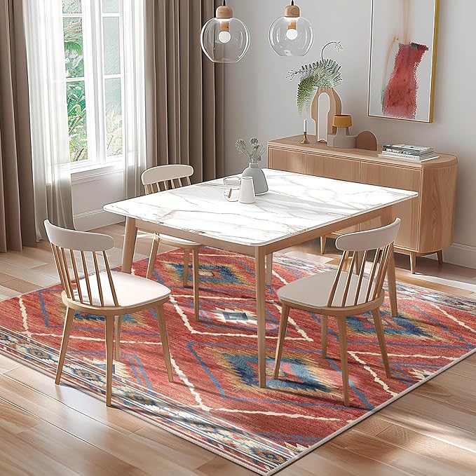 Area Rug 6x6 Rug Machine Washable Non-Slip Low Pile Print Pattern Western Rug for Living Room Bedroom Entryway Tribal Series -Red/Orange