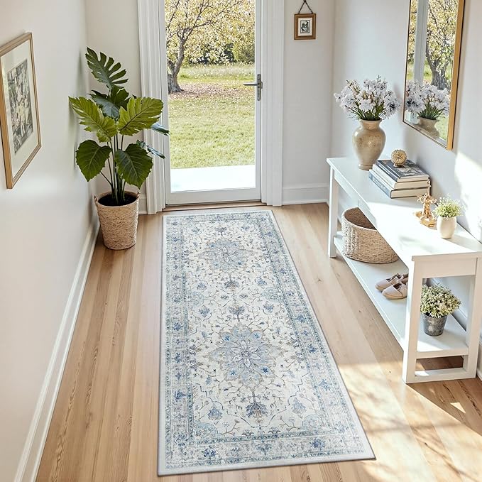 Area Rugs 3'x7' Runner Rug Non Slip Washable for Kitchen Hallway Bedroom Beside Laundry Room Bathroom Rug, Floor Carpet, Light Blue Navy Beige Gray White