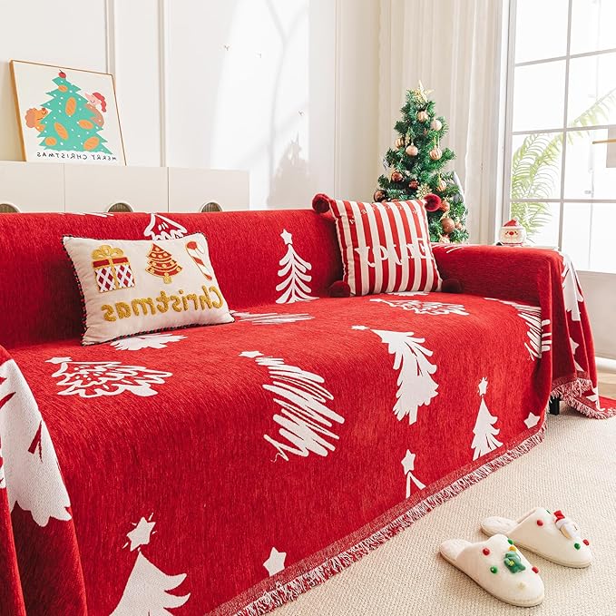 hyha Couch Cover for Dogs, Boho Sofa Covers for 3 Cushion Couch Washable, Chenille Sofa Slipcover for Pets, Soft Loveseat Sectional Couch Throw Blankets with Tassels (Red Christmas Tree, 71x118 Inch)