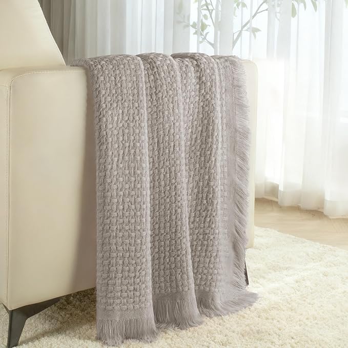 Exclusivo Mezcla Knit Throw Blanket with Fringes for Couch, Reversible Super Soft and Warm Woven Boho Throw for All Season, Home Decor, 50"x60", Taupe