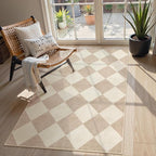 Beeiva Checkered Print 3x5 Washable Area Rug for Bedroom, Non Slip Ultra Thin Beige Entryway Rug Non Shedding Kitchen Rug 3x5, Modern Checkerboard Carpet Plaid Decor for Bathroom Office Nursery