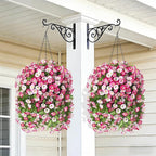 Artificial Flowers with Hanging Basket, Outdoor Faux Plants Silk Morning Glory Vines, Fake Green Arrangement for Garden Patio Spring Summer Decor (Pink)