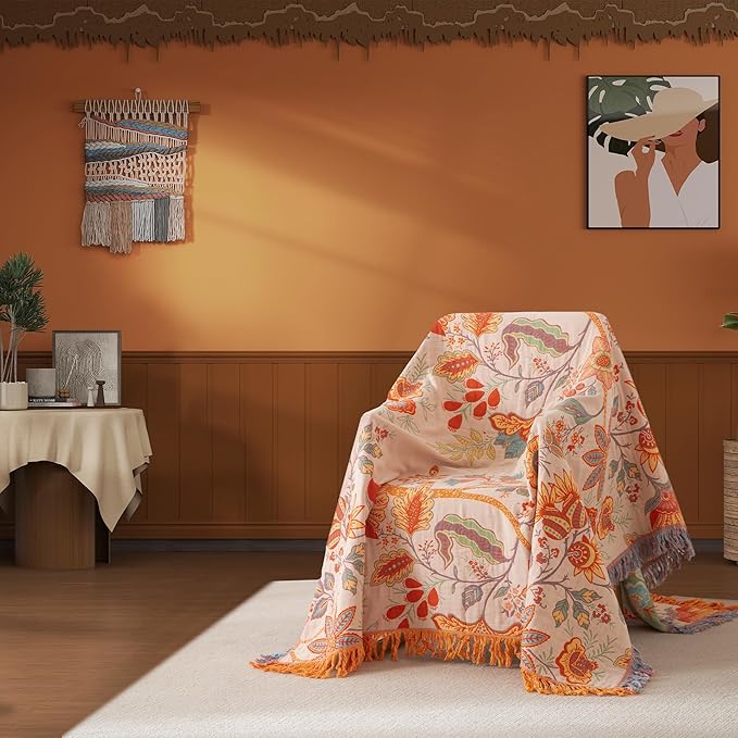 Boho Throw Blanket Throw Size, Soft Cozy Cotton Muslin Quilt Blanket for Bed Decor, Bird Patterned Couch Sofa Chair Cover, Vintage Farmhouse Cottage Tapestry Woven Blanket, Coral&Green