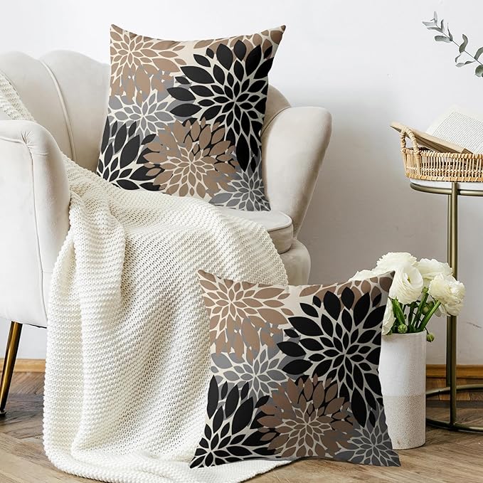 Black Light Brown Pillow Covers 20X20 Inch Set of 2, Spring Summer Floral Dahlia Flower Cream Decorative Throw Pillow Covers Outdoor Modern Farmhouse Cushion Case for Home Couch Sofa Bed Decor
