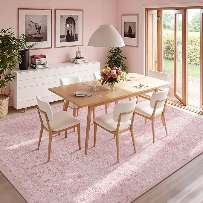 6x9 Area Rugs for Living Room Bedroom, Pink Large Washable Neutral Rug, Vintage Floral Retro Boho Non Slip & Low Pile Carpet for Indoor Dining Room, Classroom, Dorm, Nursery and Kids Room
